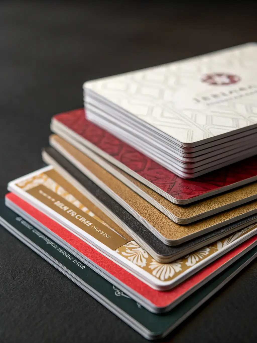 A visual representation of different paper types and finishes available for business cards, such as matte, glossy, and textured options.