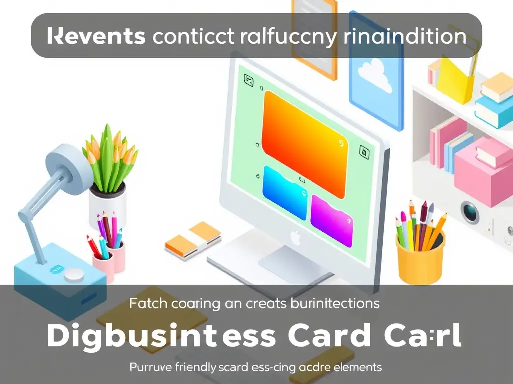 A collage of various design elements, such as logos, icons, and graphical accents, being dragged and dropped onto a business card template.