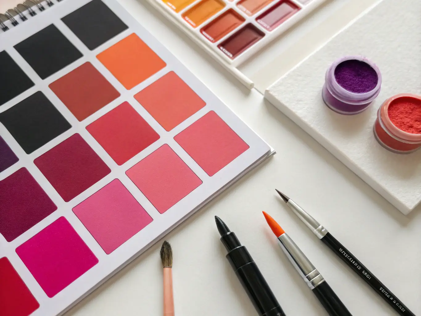 A vibrant display of color swatches and palettes, with a hand hovering over a specific shade, illustrating the color customization options.