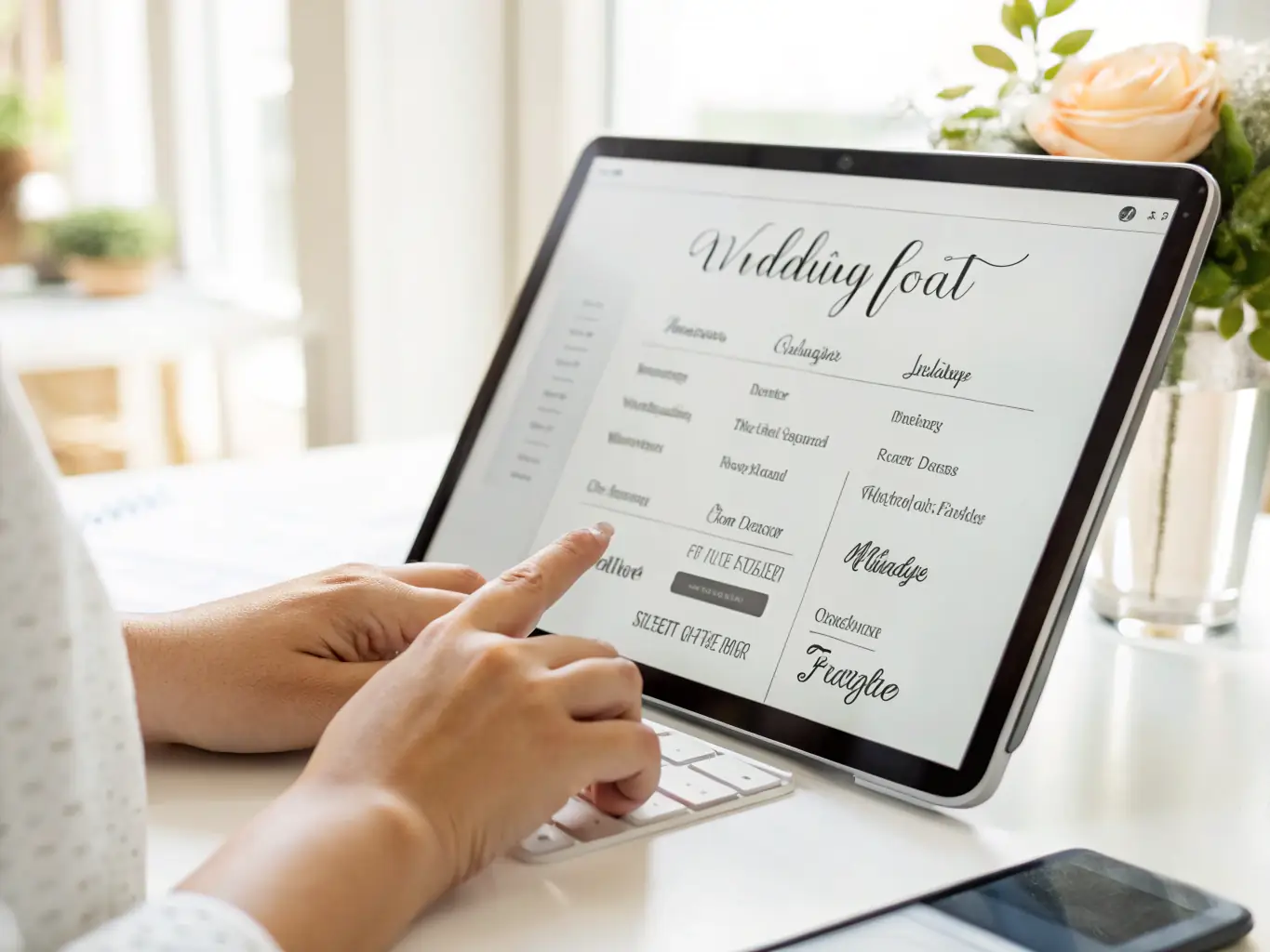 A close-up shot of hands selecting a font from a dropdown menu on a business card design interface, showcasing the variety of font options available.