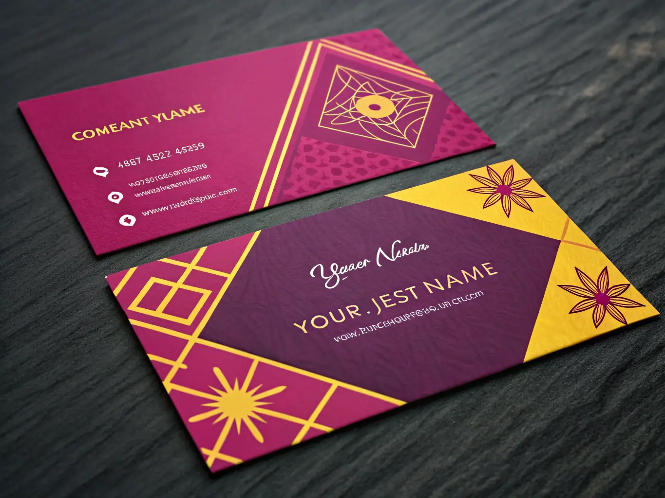 A visually striking business card template with a bold color scheme and geometric patterns, suitable for creative industries.